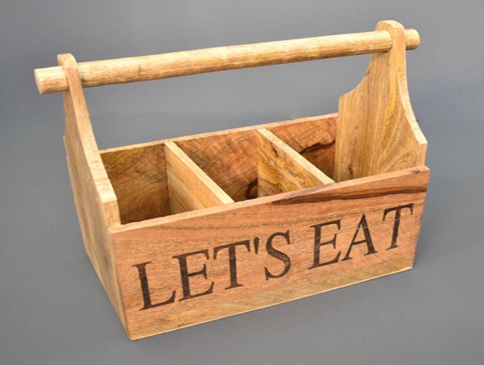 Wooden table caddy organizer with handle and compartments