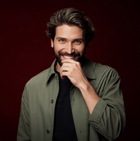 A smiling man with wavy hair and a beard, wearing a green jacket over a black shirt. He stands against a deep red background, conveying a warm, friendly tone.