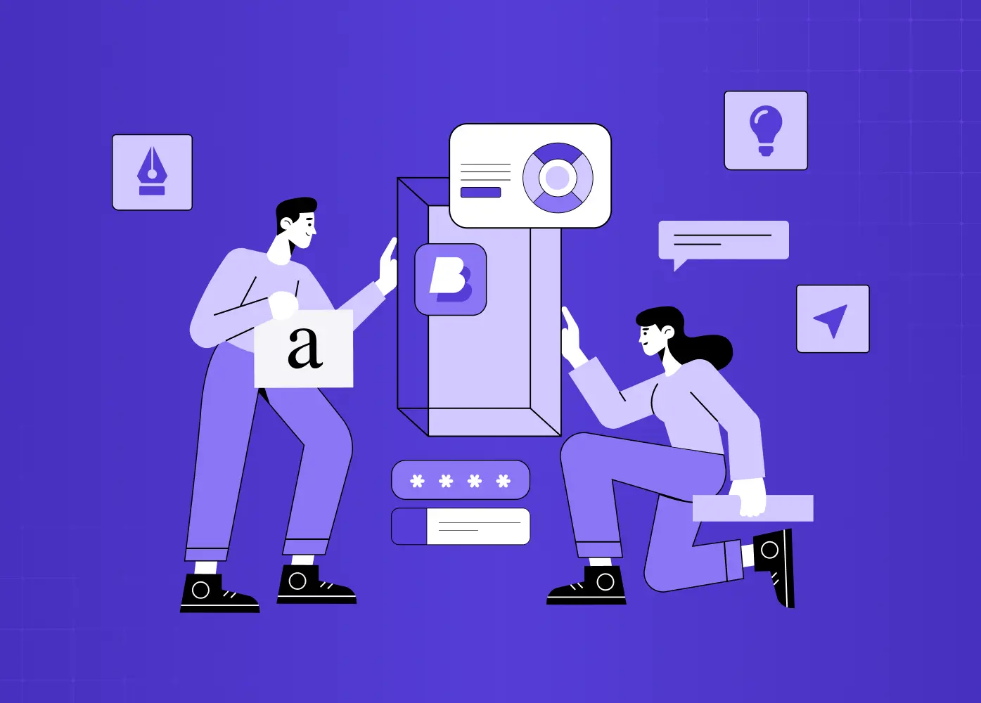Two designers collaborate around a floating interface with UI elements and design tool icons, representing interaction design and digital product creation.