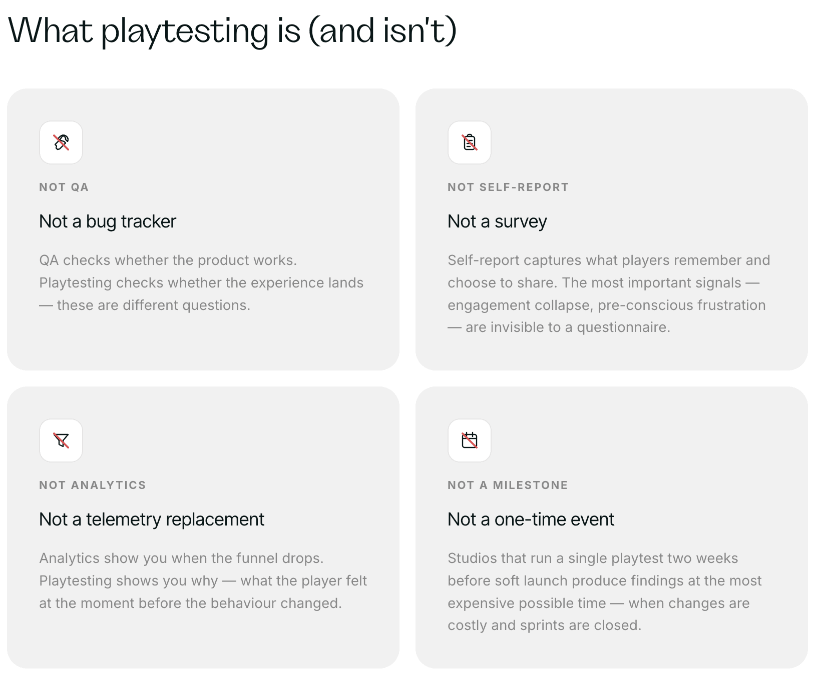 What playtesting is - diagram showing what playtesting is and isn't. Focuses on QA, self-report, analytics/telemetry and milestones