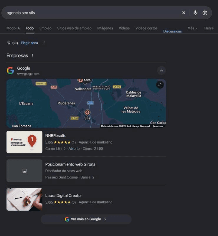 Google, búsqueda «agencia seo sils»: NNBResults el primero del mapa