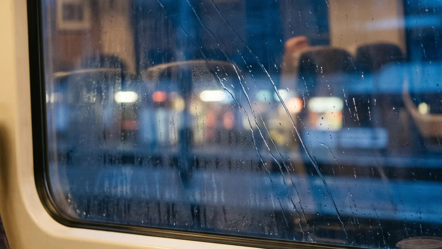 A train window at winter dusk, a folded newspaper and paper cup on the ledge below