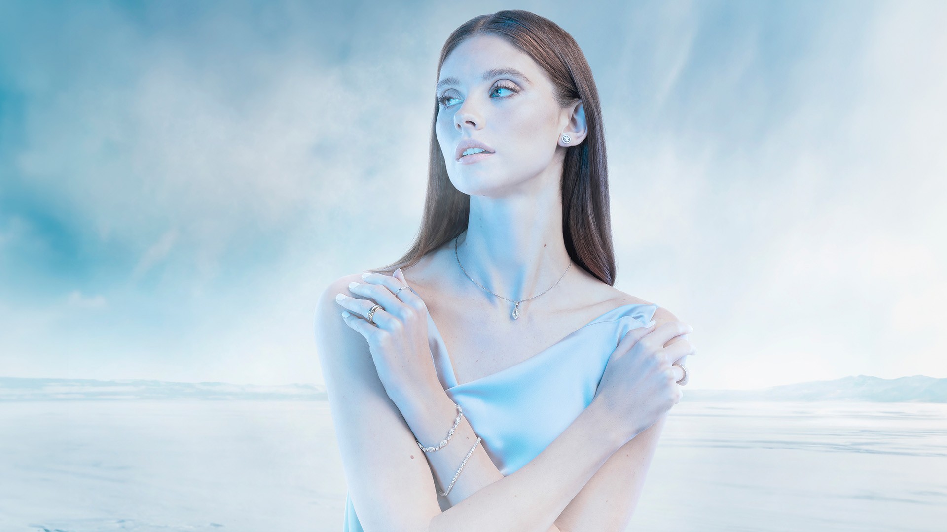 A model wearing David Morris jewlery infront of a AI generated fantasy background