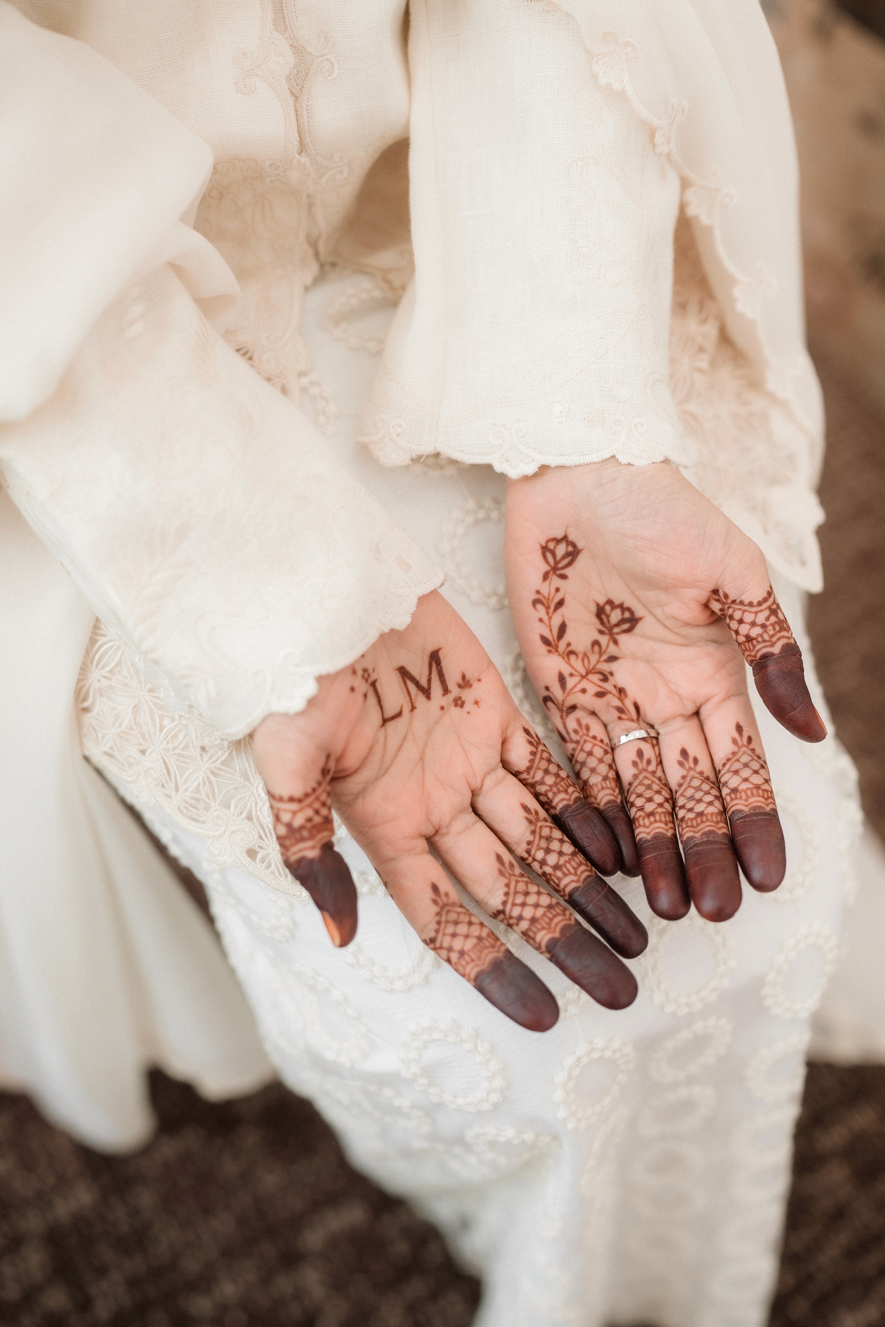 Custom bridal henna design on palm. 