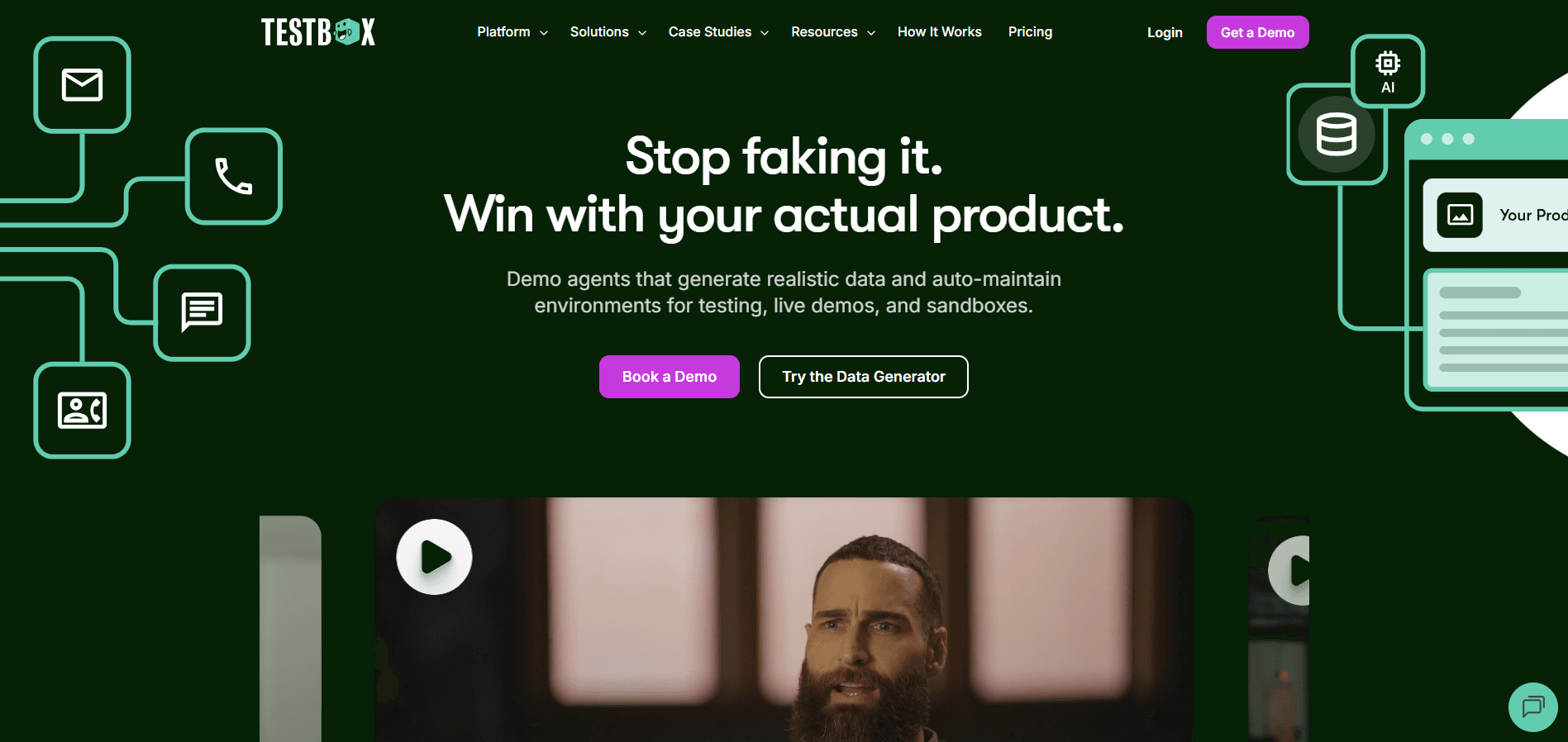 TestBox Homepage showcasing a platform for POC automation and data-rich sandboxes.