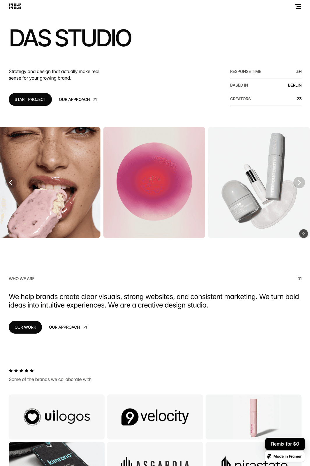 Minimal Das Studio creative agency website design with bold typography, portfolio image carousel, and clean brand layout