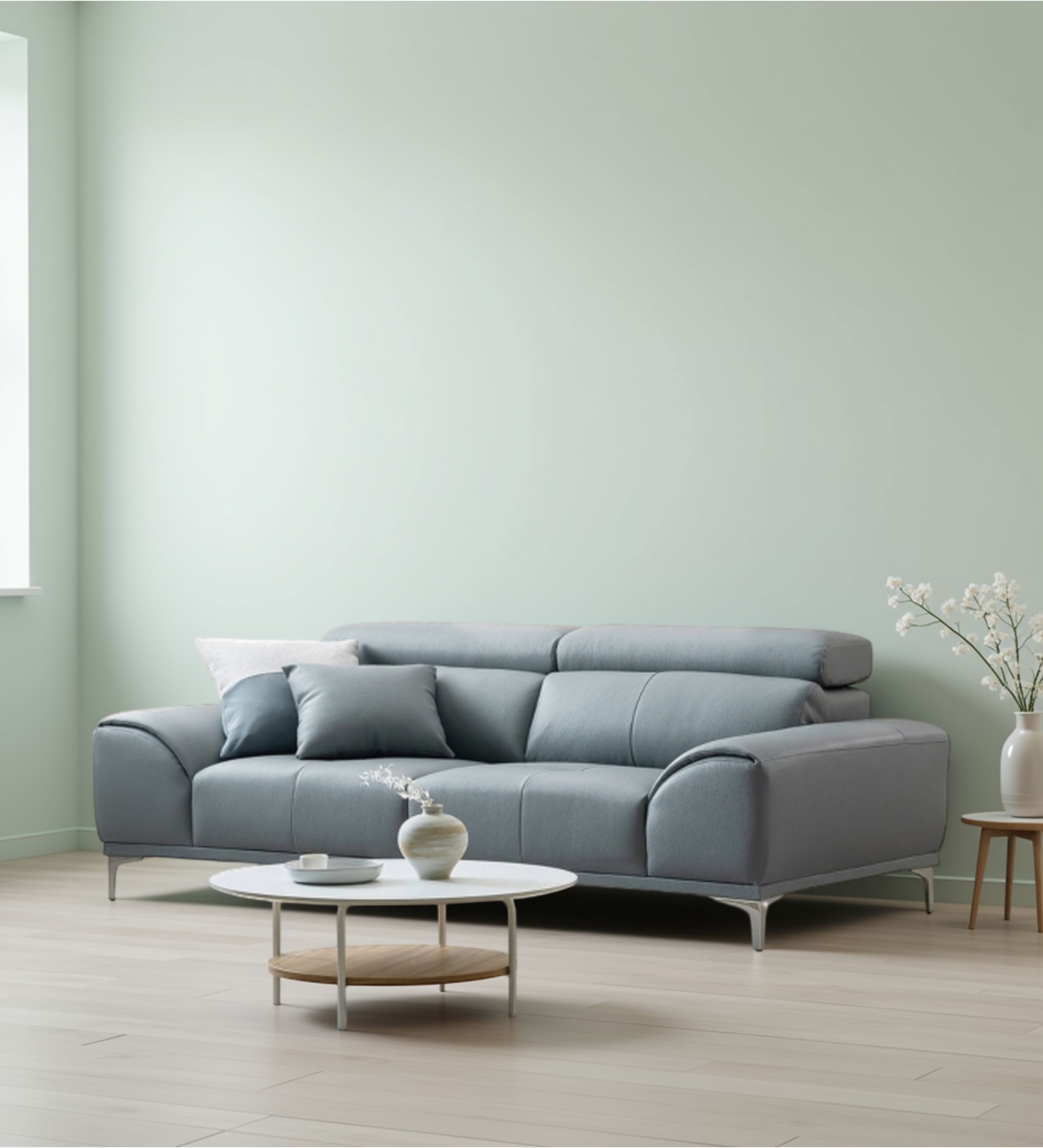 Soft blue upholstered seating with segmented cushions and raised metal feet