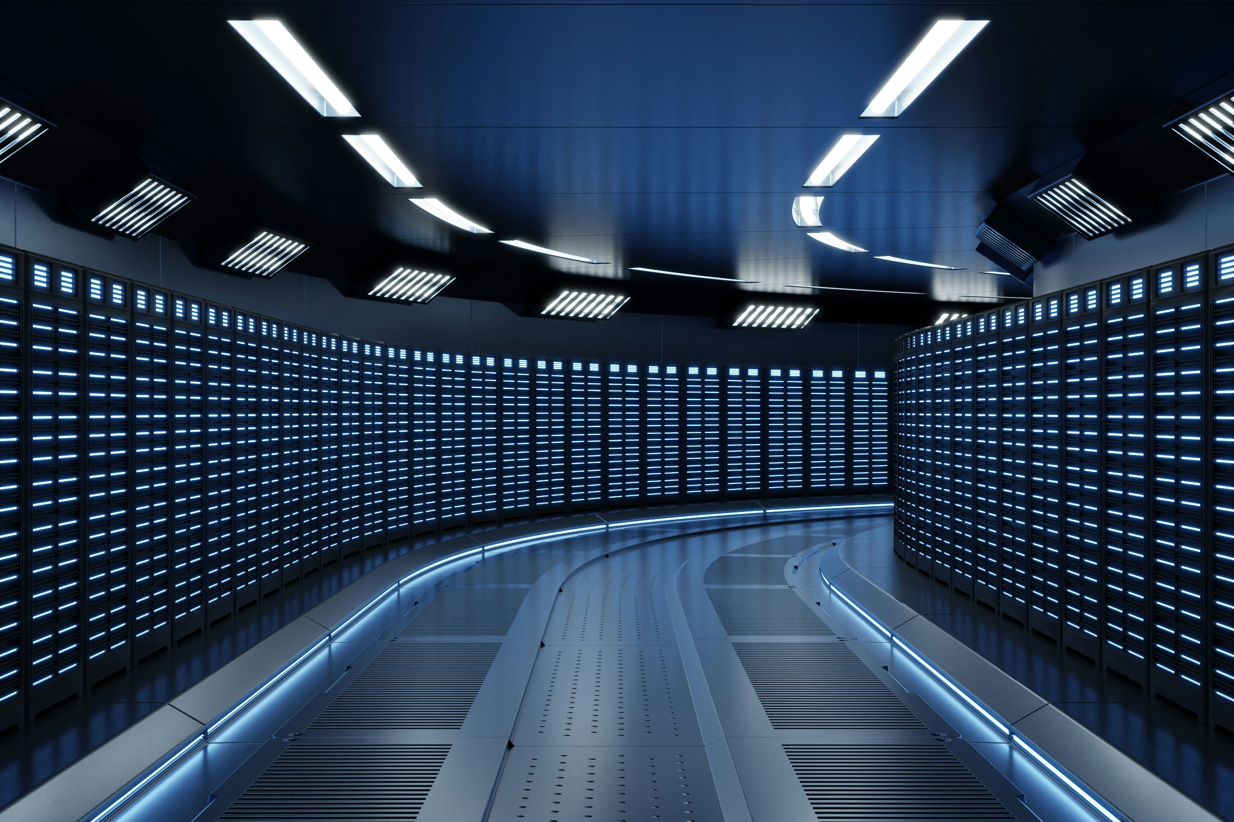 A corridor in a futuristic data warehouse.