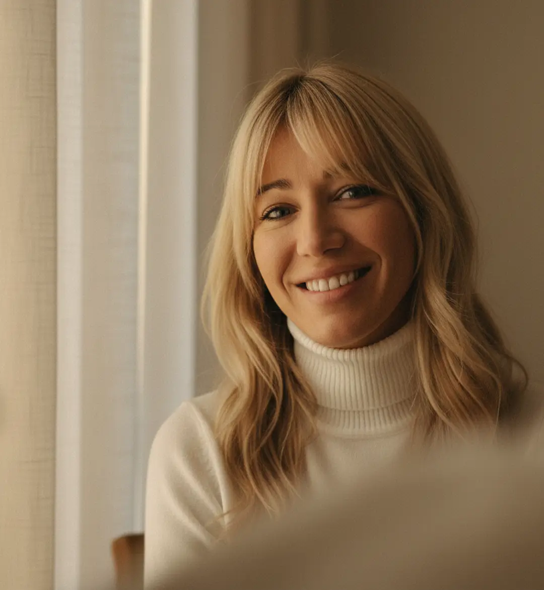 Smiling woman in beige linen outfit standing indoors with plants and books in the background.