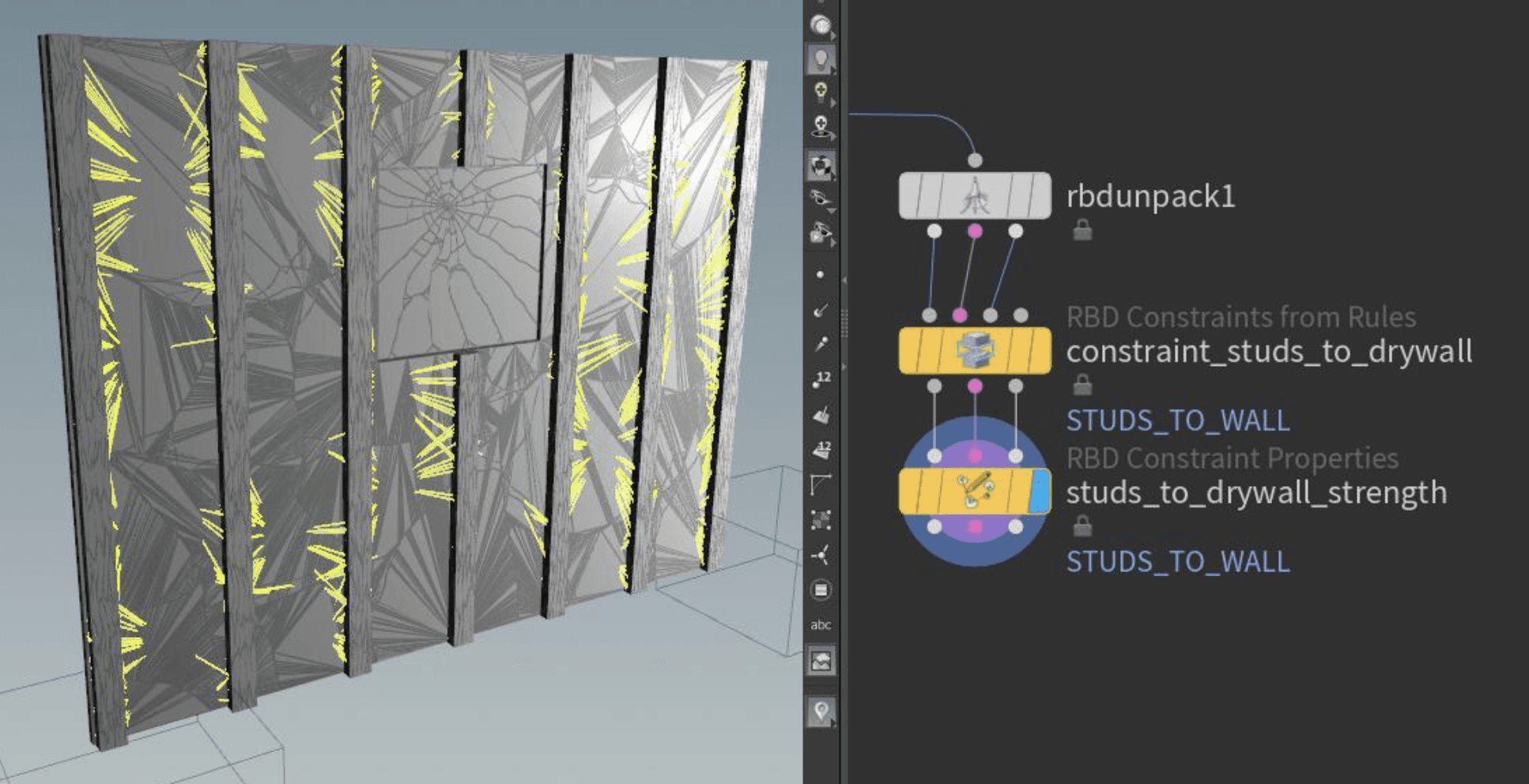 Houdini viewport and constraint setup used to control how fractured pieces stay connected.