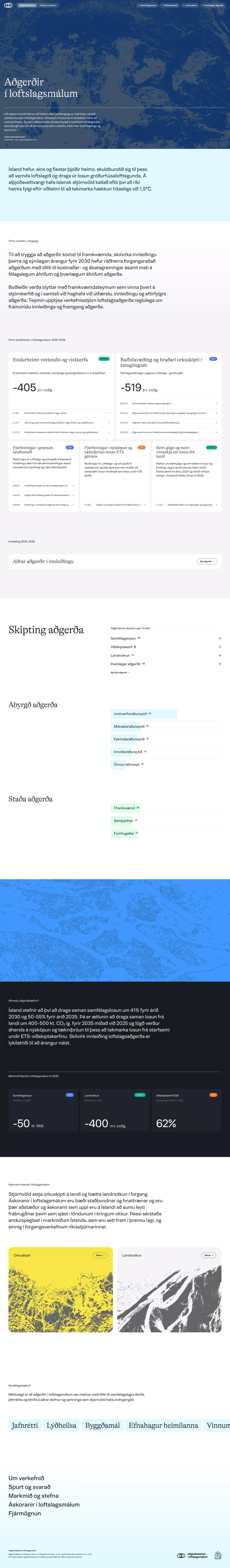 Aðgerðaáætlun í loftslagsmálum landing page screenshot showcasing Nature design