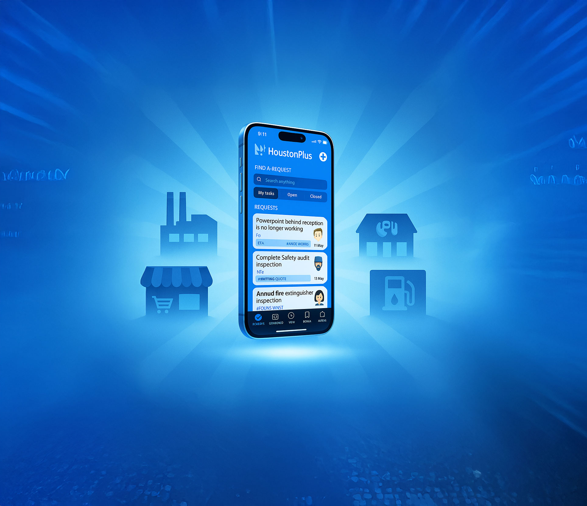 Blurred blue background with a smartphone displaying the HoustonPlus interface and text overlay “See how easy it is to run your operations.”