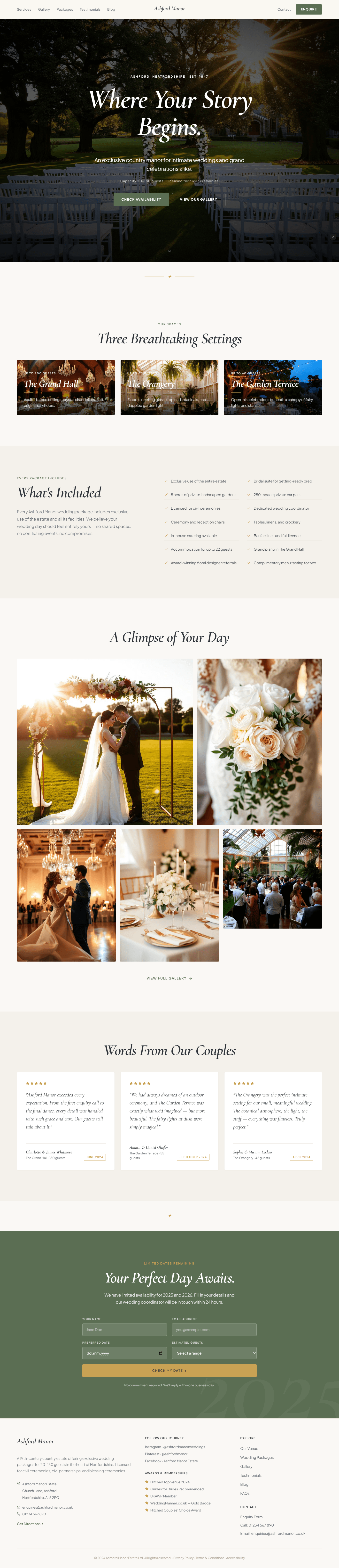 Lovable-generated country estate wedding venue site in warm ivory, sage and gold