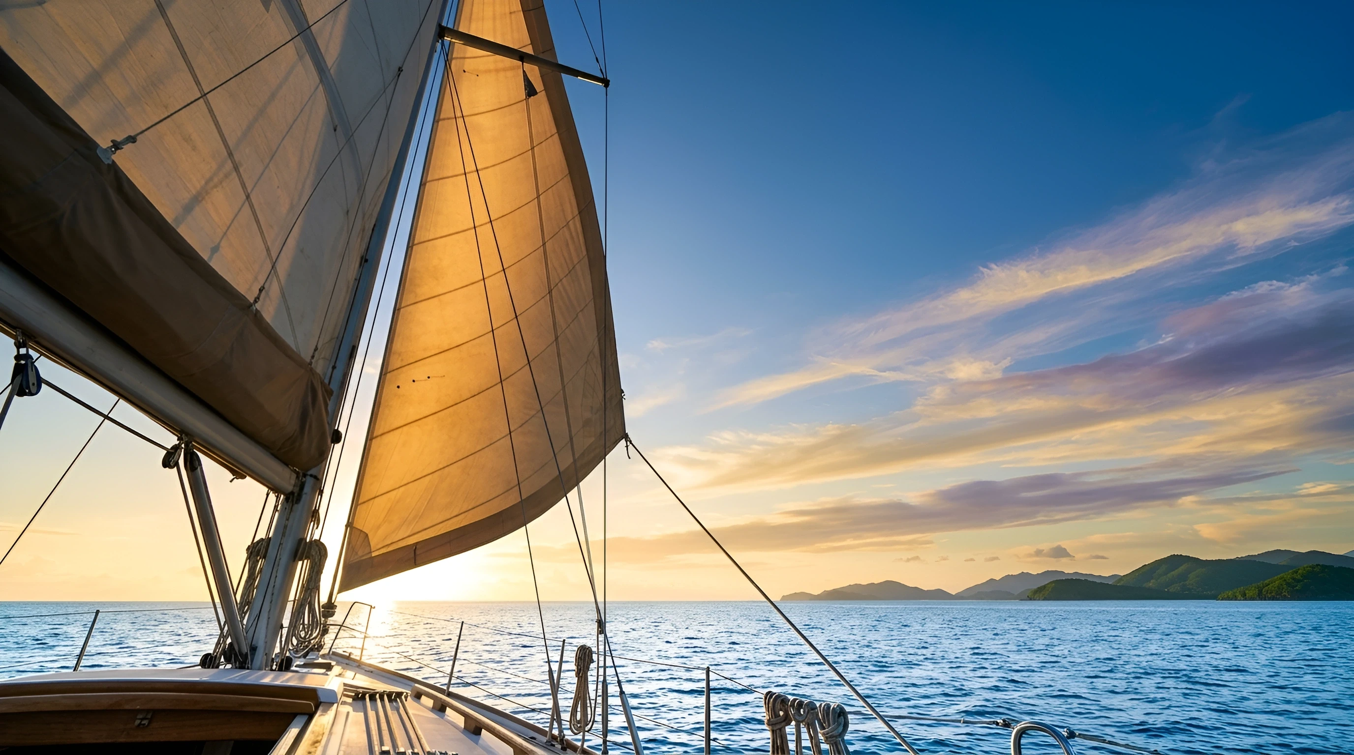 Close view of a sail glowing amber in the evening sun