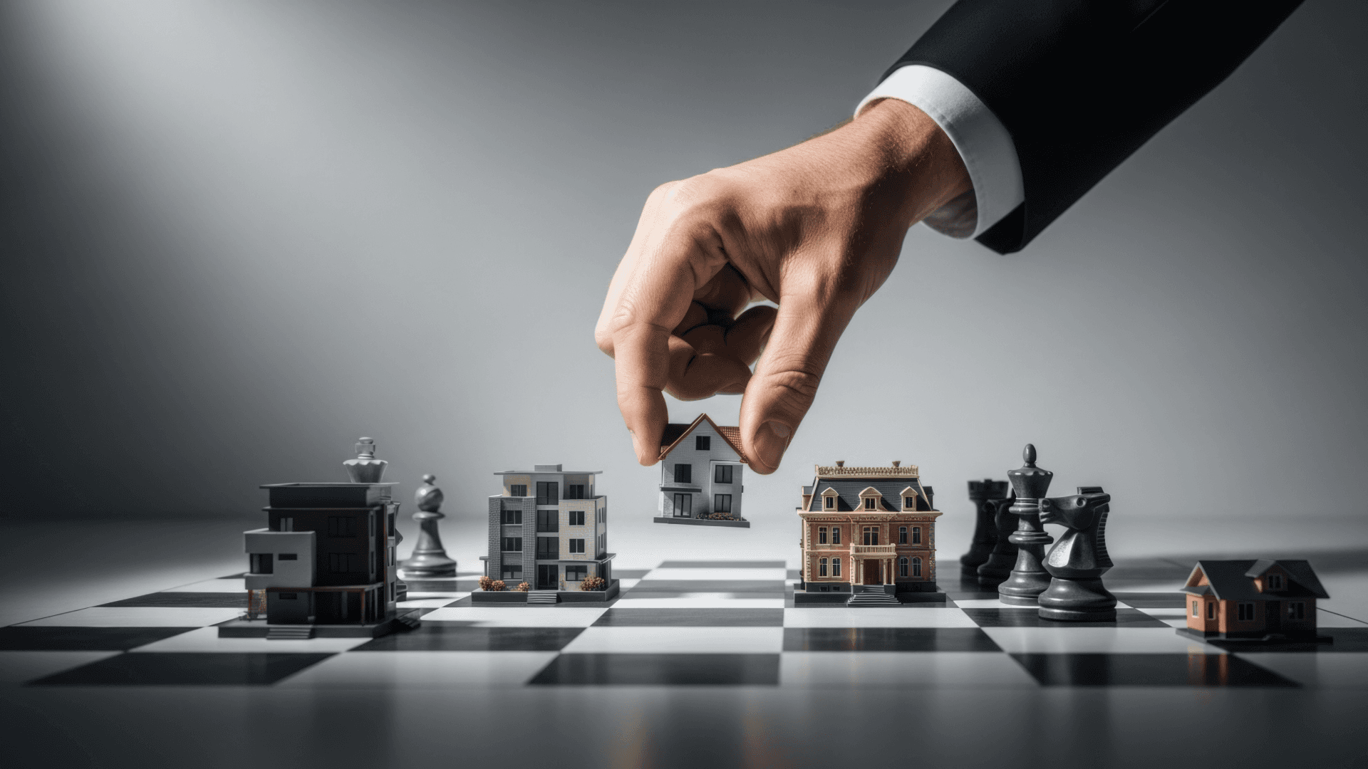 Strategic facilities management mobilisation planning illustrated through property assets on a chessboard, representing risk and decision-making