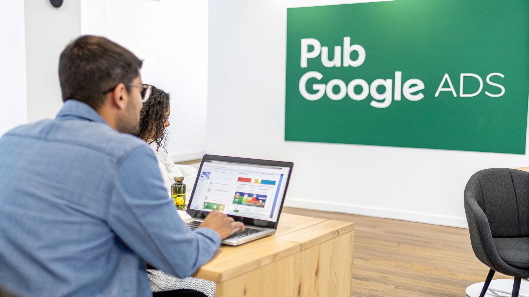 Un homme et une femme travaillent sur un ordinateur portable devant un panneau vert 'Pub Google ADS'.