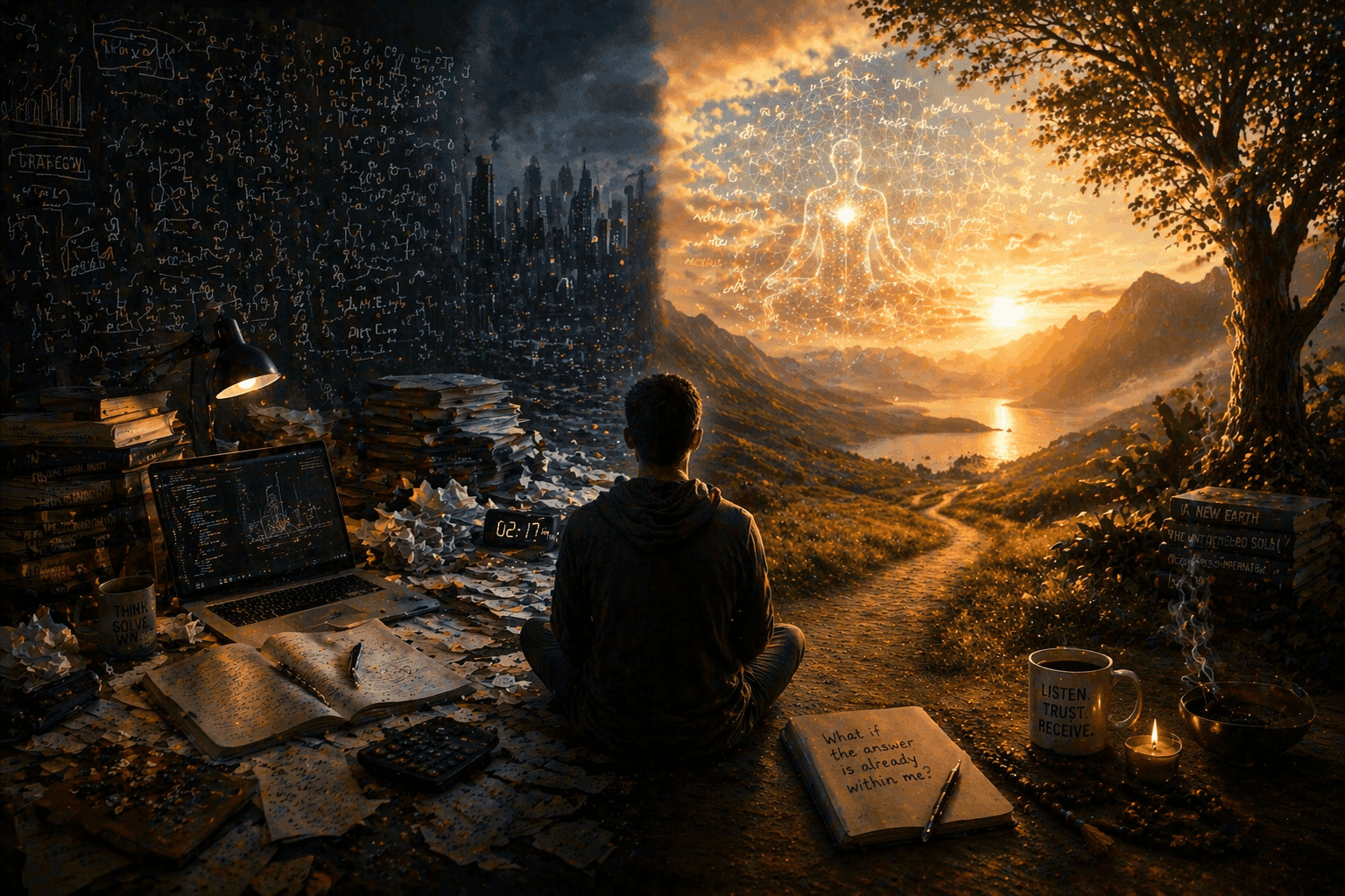 Contrasting scene with cluttered desk, equations and laptop on one side and a calm natural landscape with meditation elements on the other