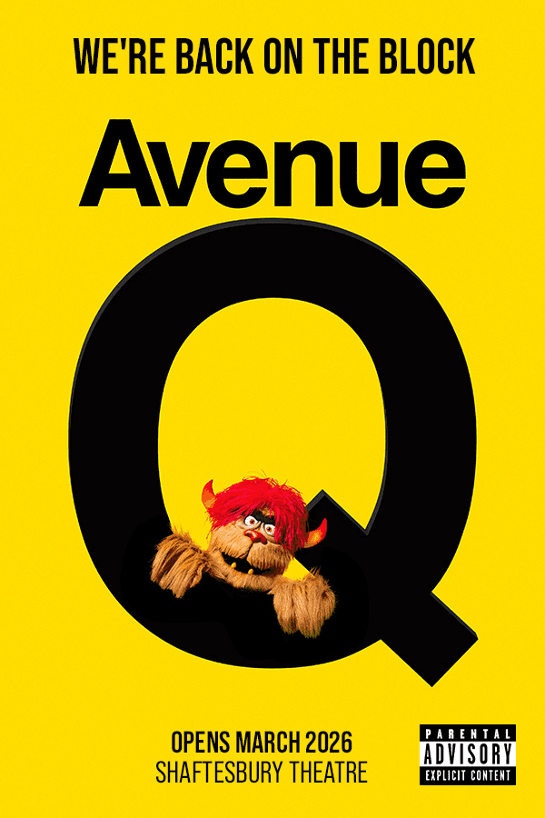 Avenue Q logo with puppet character peeking through the letter Q, promoting West End show.