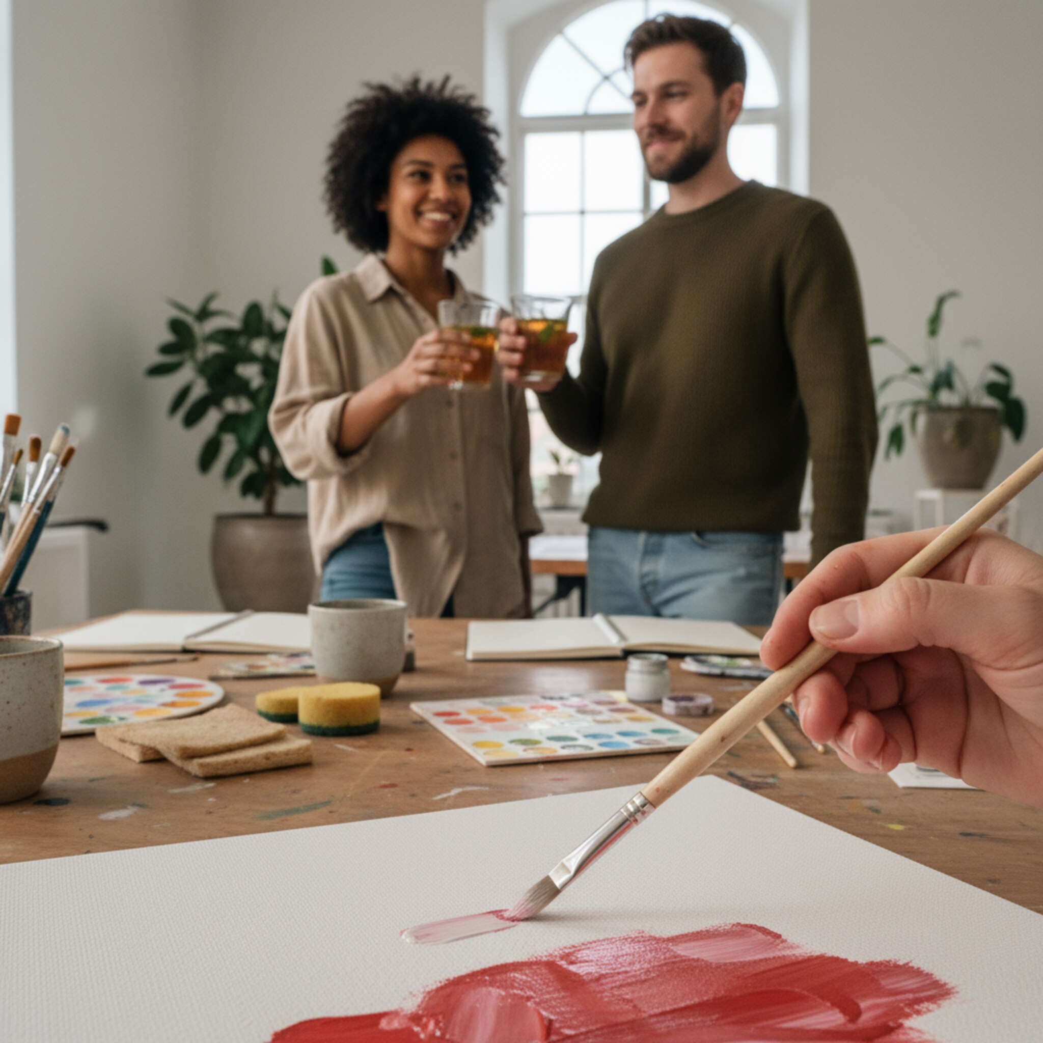 Ein Pinsel zieht eine satte Linie über die Leinwand, frische Farbe perlt am Rand. Zwei Freundinnen stoßen mit Drinks an und betrachten ihre Skizzen. Auf dem Tisch liegen saubere Schwämme und Pastelltöne. Eine ruhige Hand setzt letzte Highlights, konzentriert und zufrieden.