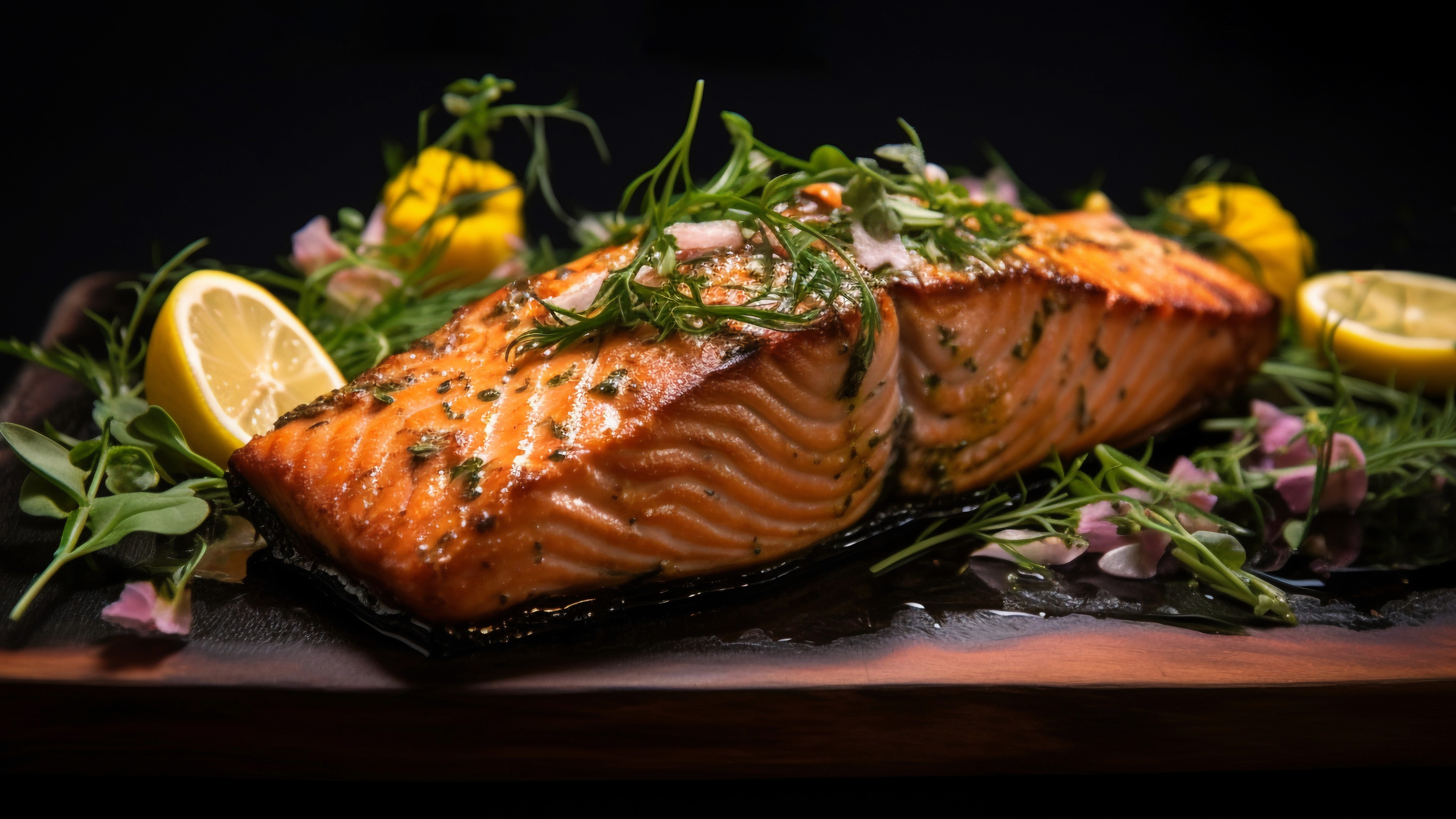 A large, perfectly seared fillet of salmon with crispy skin and a herb glaze, garnished with microgreens, fresh dill, and lemon wedges, presented on a dark wooden board against a black background.