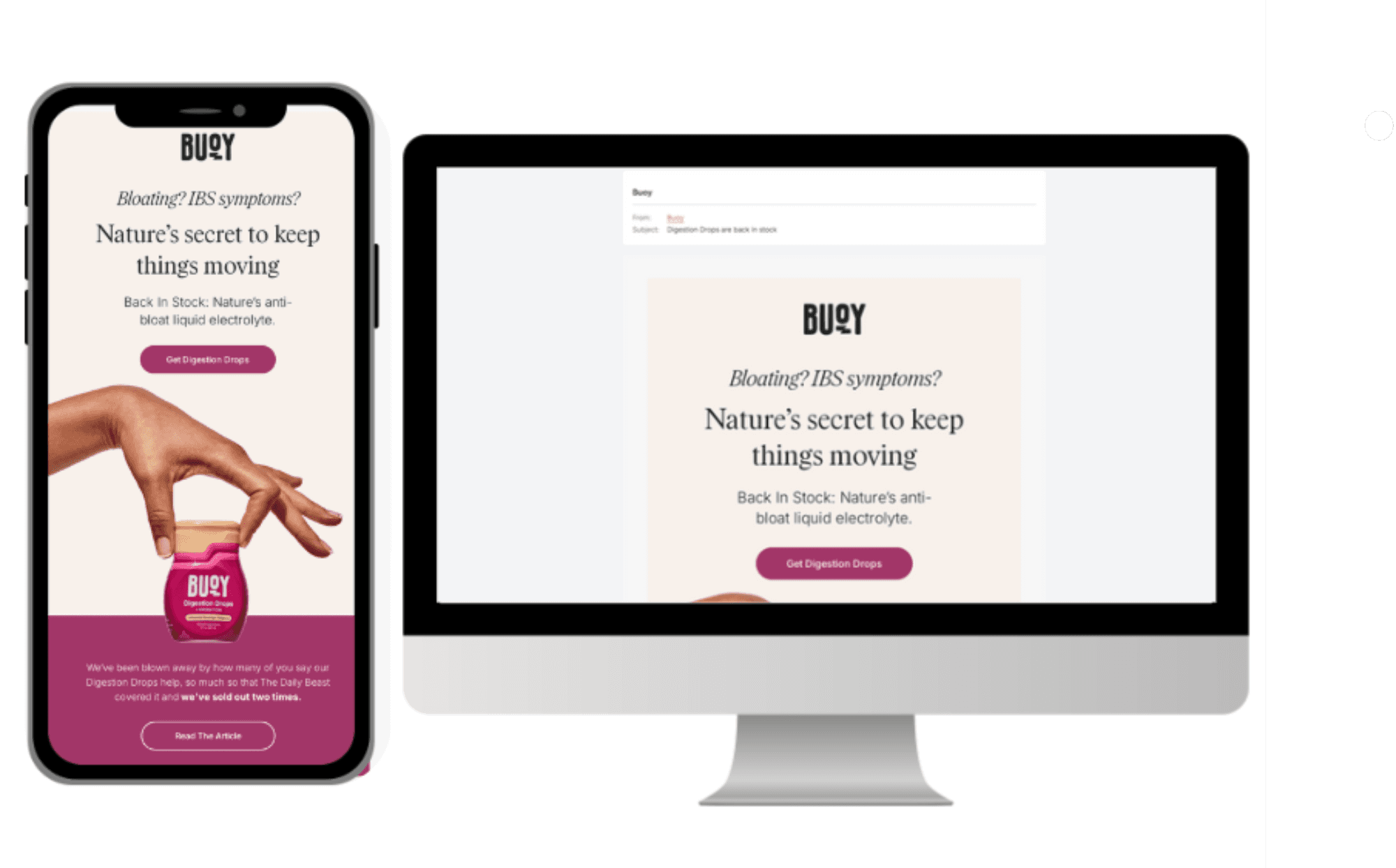 Optimize for Mobile.png: Side-by-side display of mobile and desktop views for Buoy's back-in-stock email, highlighting an anti-bloat liquid.
