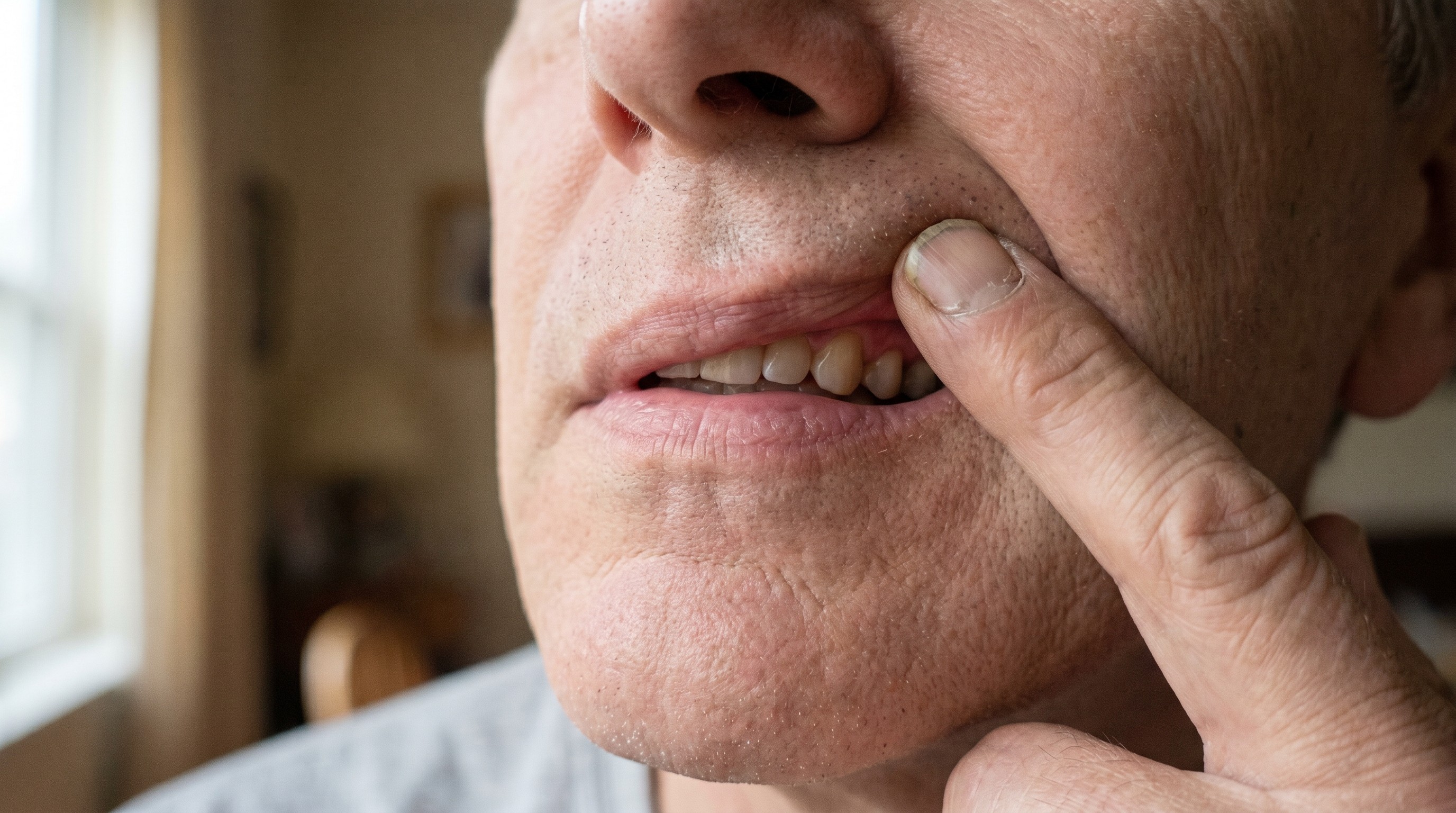 Mature adult lifting upper lip with fingertip to examine gumline near a back tooth