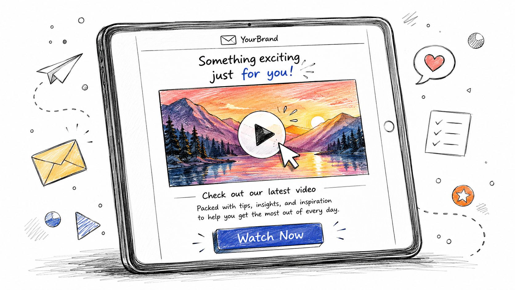A digital illustration showing a tablet screen displaying an email newsletter featuring an embedded video play button.