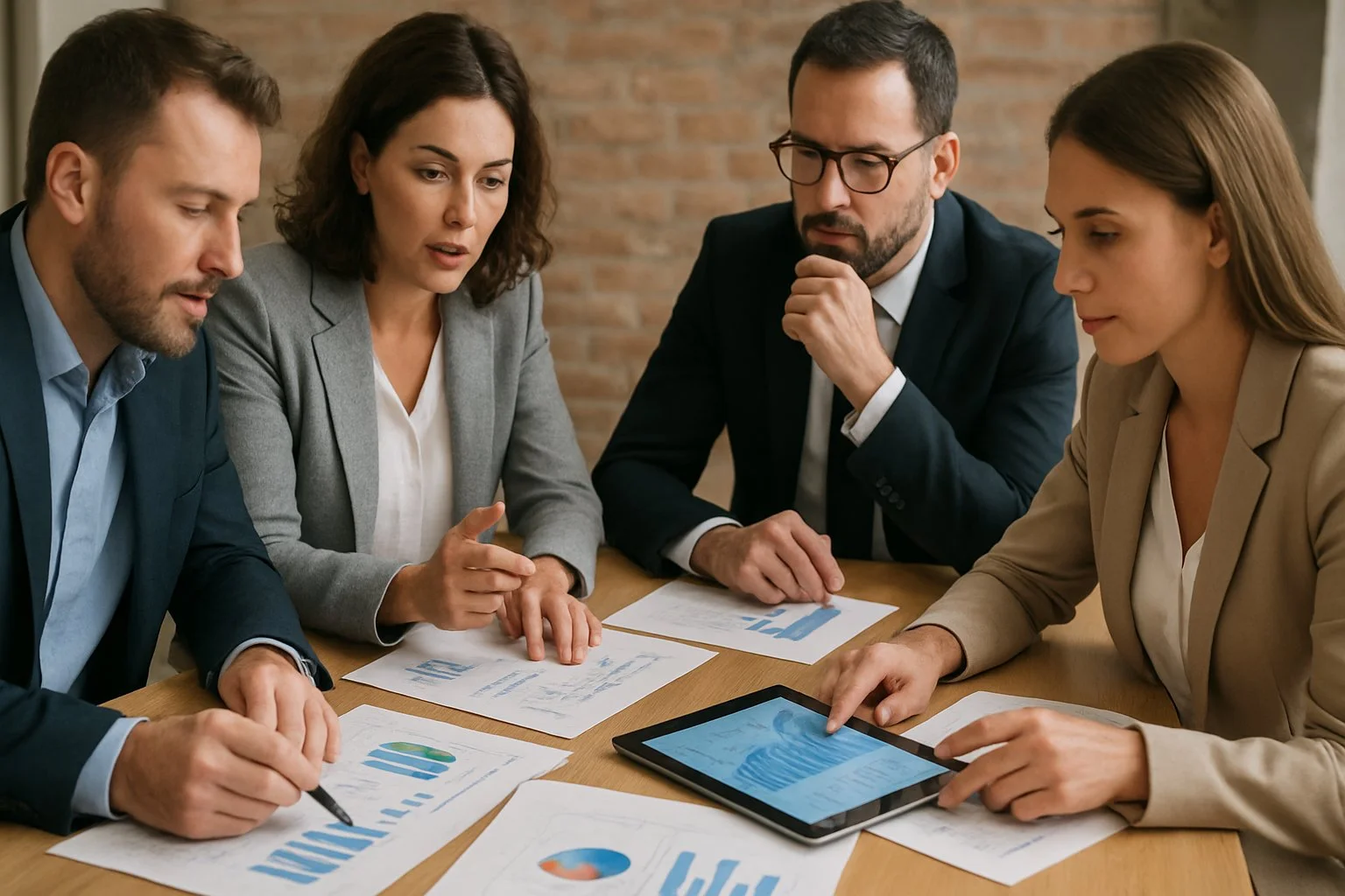 Business owners collaborating around a table with papers, charts, and digital tablets showing graphs, engaged in decision-making and planning.
