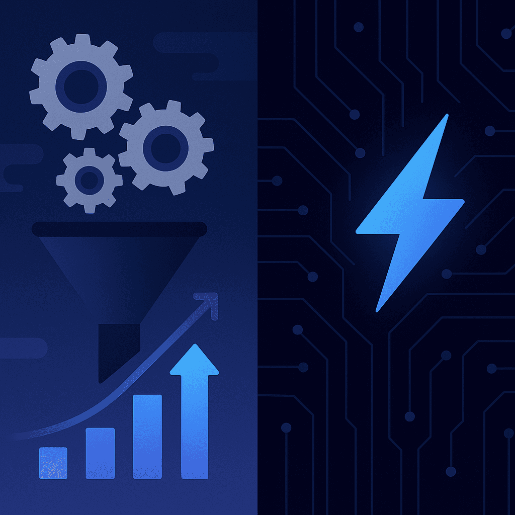 Gears symbolizing automation contrasted with circuitry and lightning for API speed in two panels