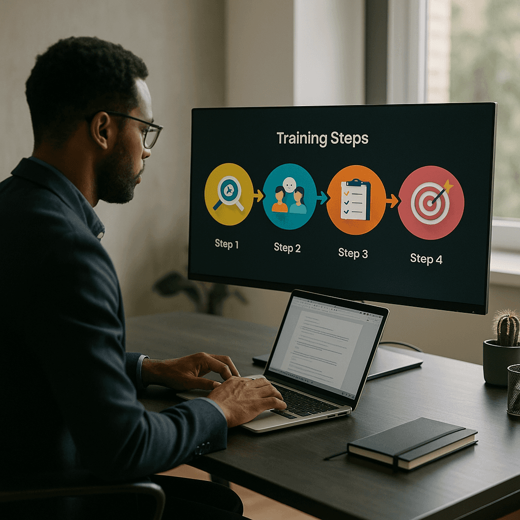 professional capturing screen workflow with AI-generated training video preview
