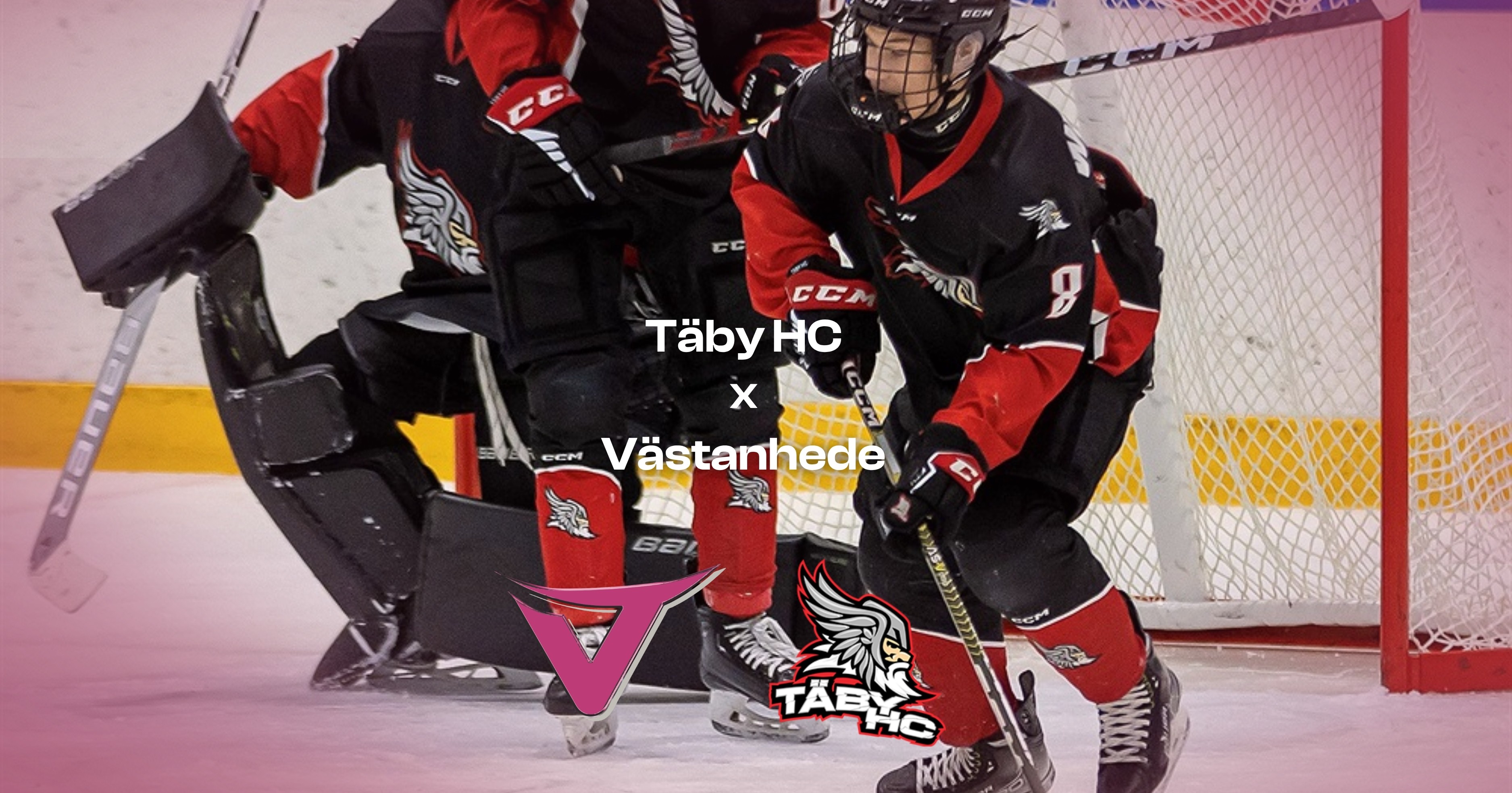 Ishockeyspelare från Täby HC på isen med Täby HC:s och Västanhedes logotyper som symboliserar det nya femåriga partnerskapet.