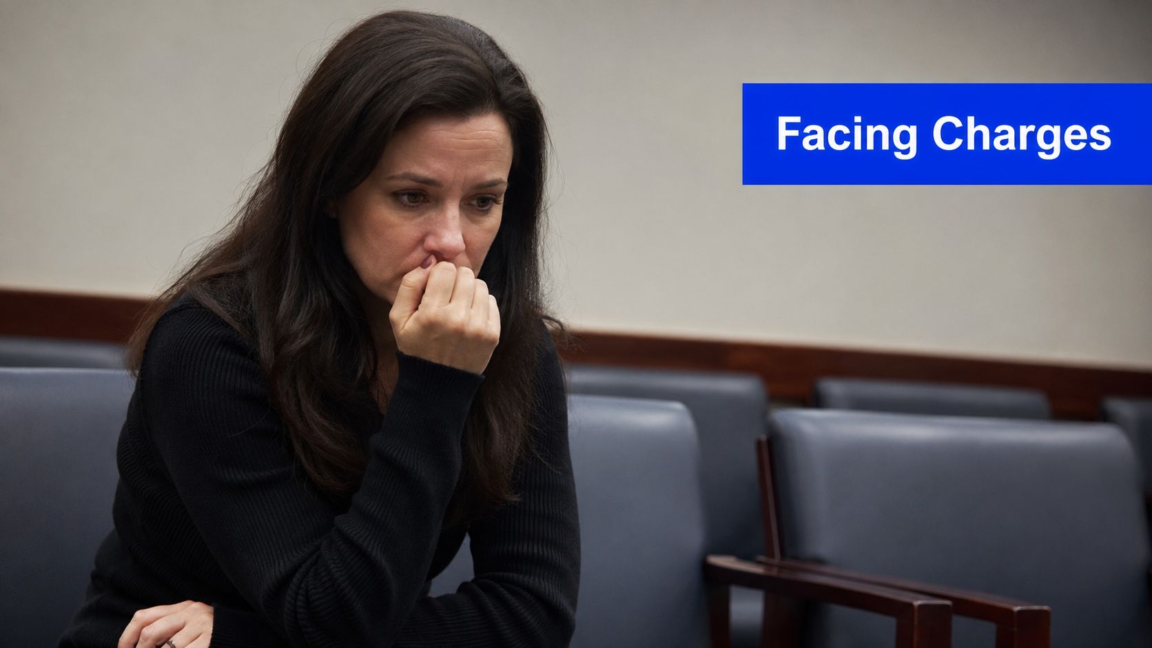 A concerned woman sitting in a courtroom setting, appearing worried as she contemplates her legal situation.