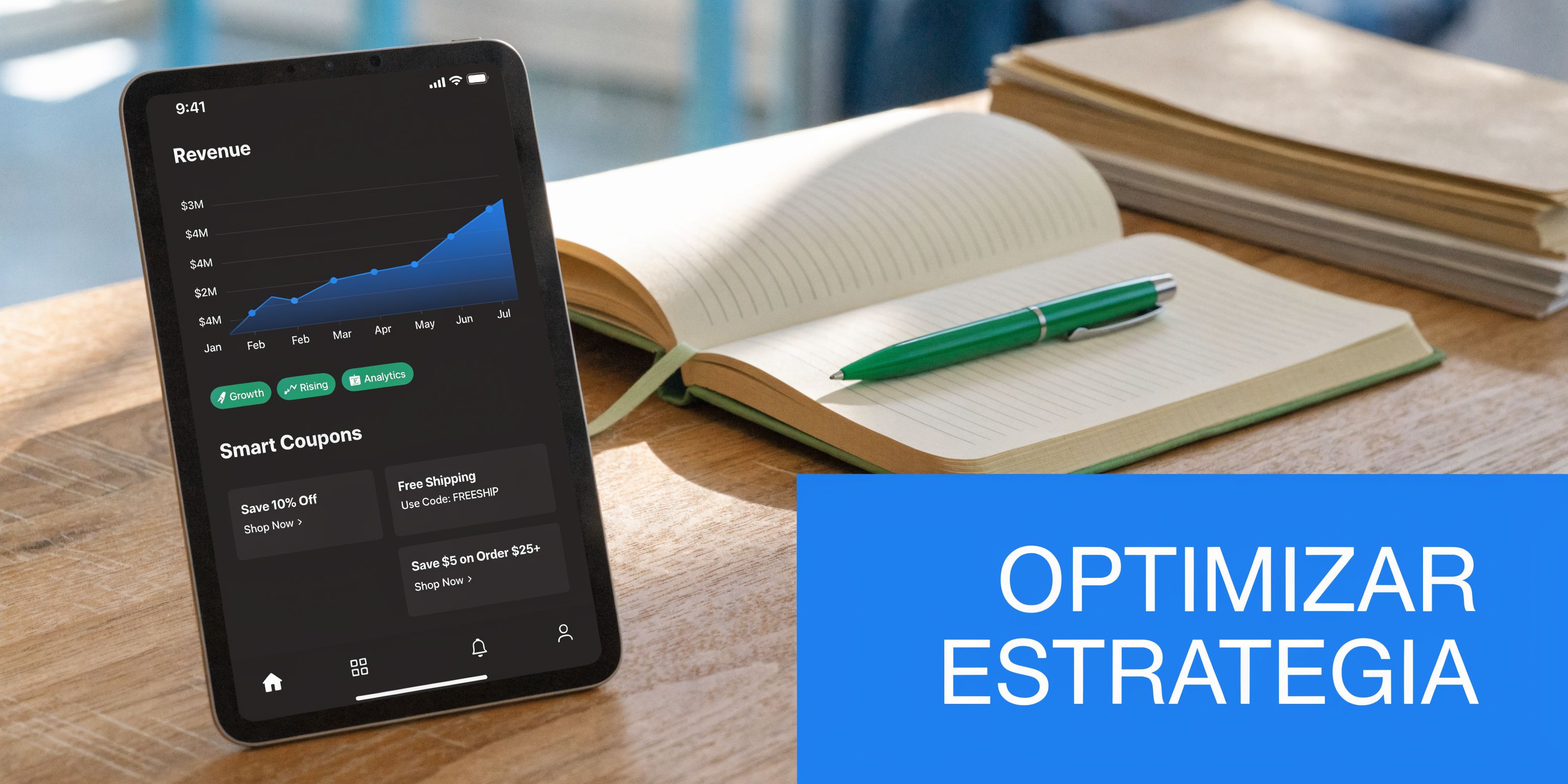 Una tableta digital mostrando estadísticas de ingresos y cupones de descuento sobre una mesa de madera