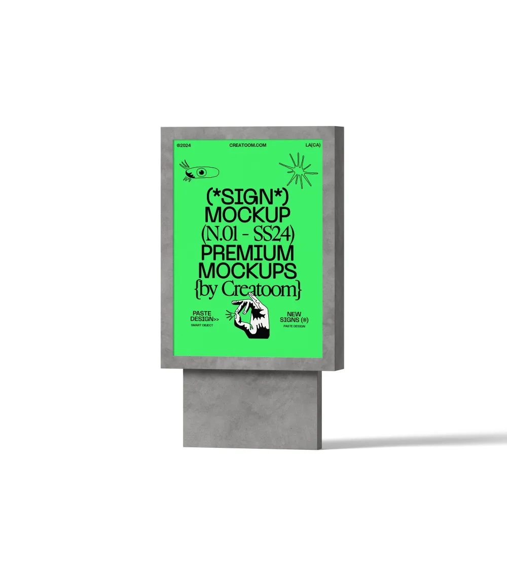 Freestanding sign mockup featuring a bold green poster with black graphic elements and text, encased in a sleek concrete frame. Perfect for showcasing urban or modern advertising designs.