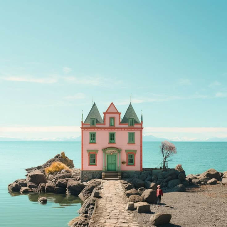 Framed photo of a pastel seaside villa — visualizing Natasha Huseiva’s dream to one day open her own hotel.