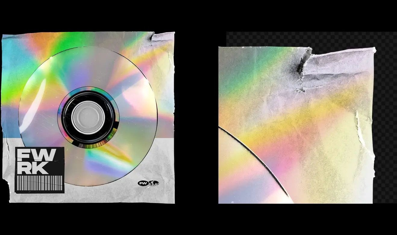 CD paper bag mockup closeup showing textured paper sleeve and reflective disc