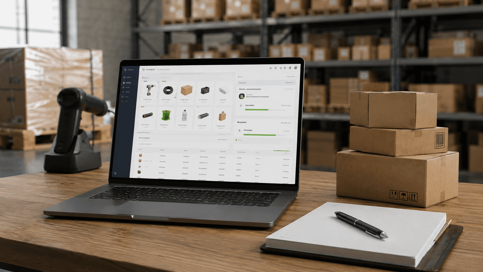 Cena 3D realista em formato 16:9 mostrando um ambiente de operação atacadista moderno. Um notebook exibe uma interface profissional de gestão B2B com elementos de controle comercial e logística. Ao redor, caixas de envio, mini paletes, carrinho de compras metálico, calculadora e relatórios financeiros reforçam a ideia de pedidos corporativos e regras comerciais avançadas. O fundo desfocado lembra um centro de distribuição ou armazém atacadista, com iluminação suave e aspecto tecnológico. Não há pessoas nem textos visíveis na imagem.