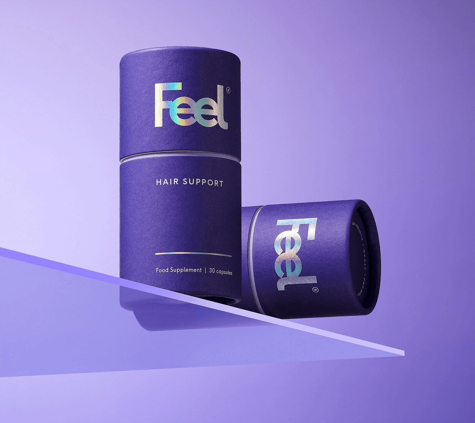 Two cylindrical containers in shades of purple, with one slightly behind the other, against a matching purple background.