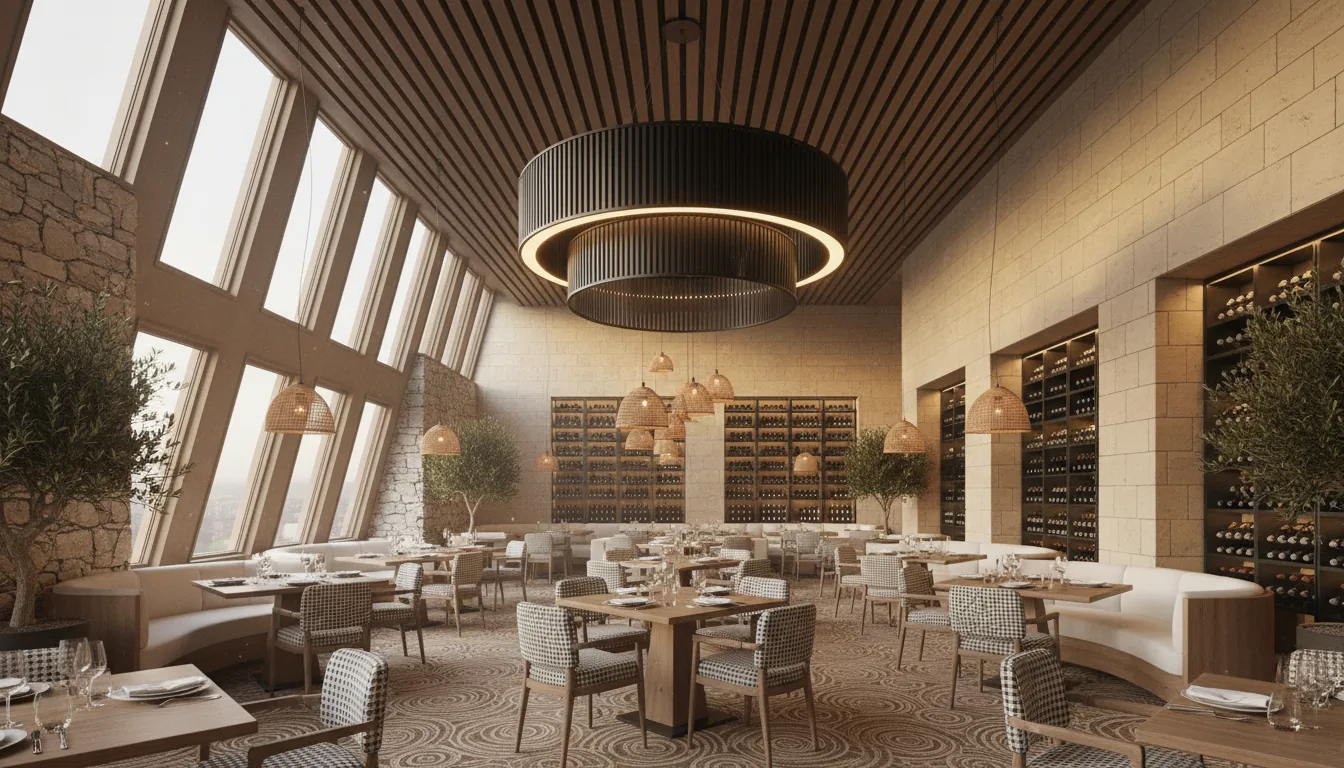 Photorealistic architectural visualization of a luxurious, modern restaurant interior, rendered in Twinmotion style. The focal point is a monumental, two-tiered cylindrical chandelier made of fluted black metal, accented by a warm, glowing LED light ring. The high ceiling features dark wood slats. One wall is made of rough, natural stone, while another is constructed from large sand-colored blocks. Tall, angled windows on the left cast soft natural daylight across the scene. The dining area includes modern tables, upholstered chairs with a houndstooth pattern, and white booths with light wood bases. The floor is covered in an ornate, earth-toned patterned carpet. Decor includes large potted trees, hanging woven rattan pendant lights, and extensive, built-in black metal wine racks creating a cellar wall. The lighting is a mix of natural daylight and warm ambient glows, creating soft global illumination and a sophisticated, earthy atmosphere.