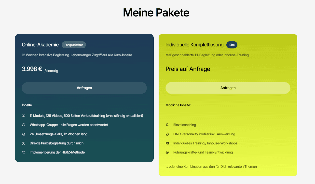 die pricing-section auf der seite von Thomas Hammer