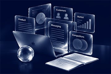 Laptop with product, customer, market, messaging, and competitor insights for launch planning
