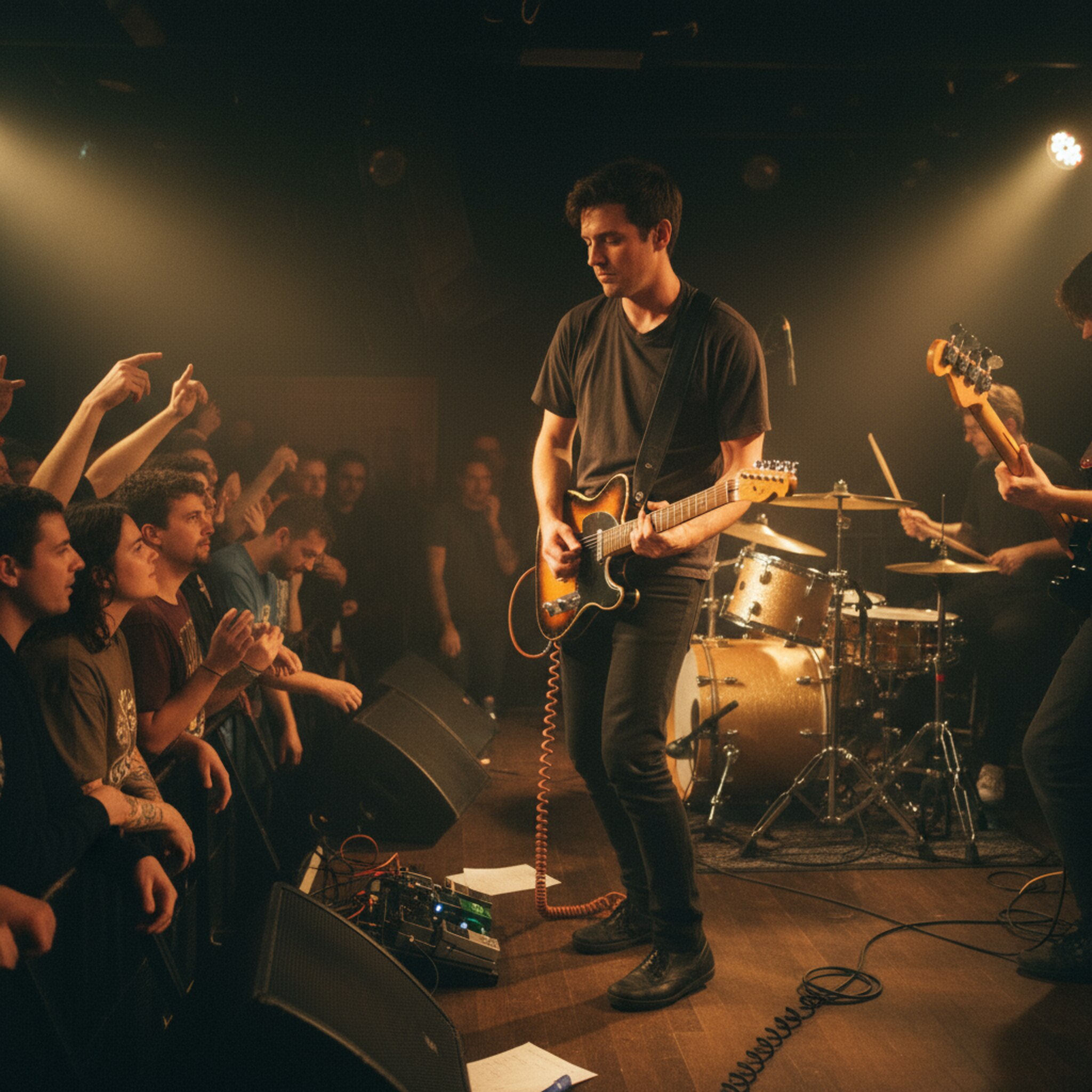 Ein Gitarrist tritt ins warme Scheinwerferlicht, der Raum vibriert vor Erwartung. Hände schnellen nach oben, als der erste Akkord durch den Club rollt. Am Bühnenrand wechseln Blicke zwischen Band und Publikum. Die Energie verdichtet sich zu diesem einen, klaren Moment vor dem Drop.