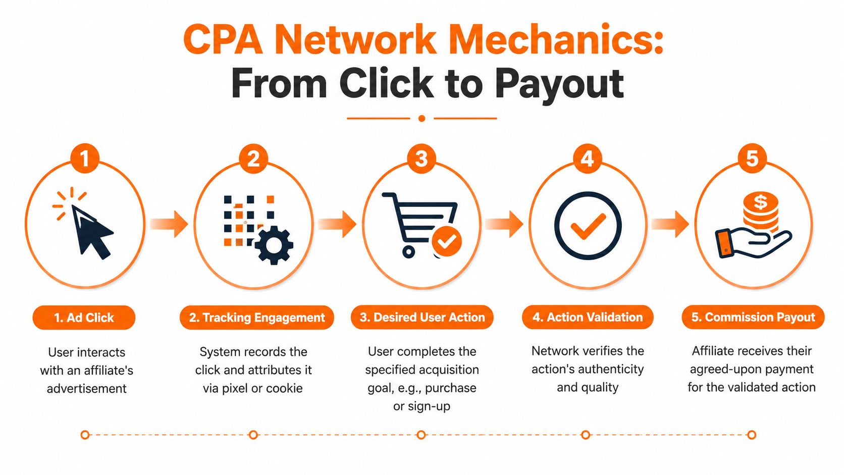 A five-step infographic showing the CPA network mechanics process from initial ad click to final commission payout.