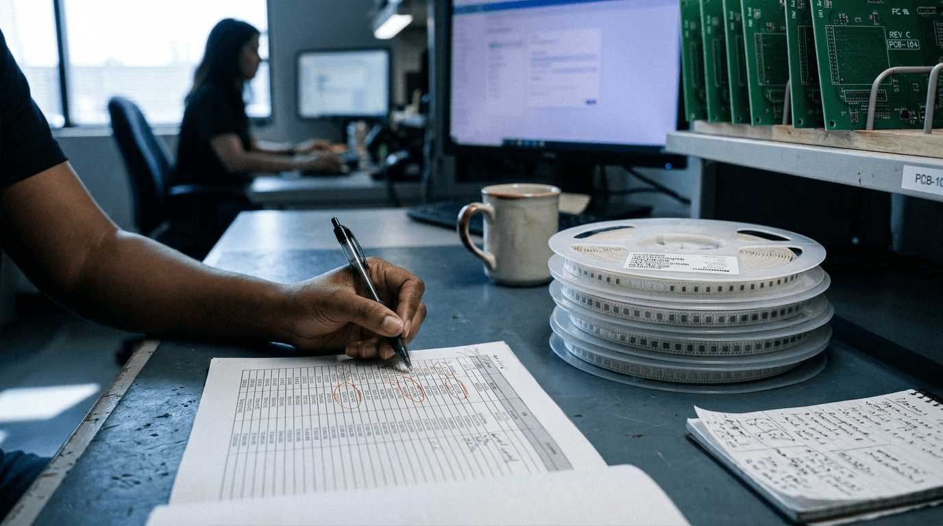 EMS engineer annotating a printed bill of materials in red ink, with SMD component reels, PCBs in storage racks, and a colleague working at a monitor in the background.