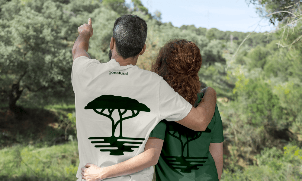 Two people wearing branded t-shirts.