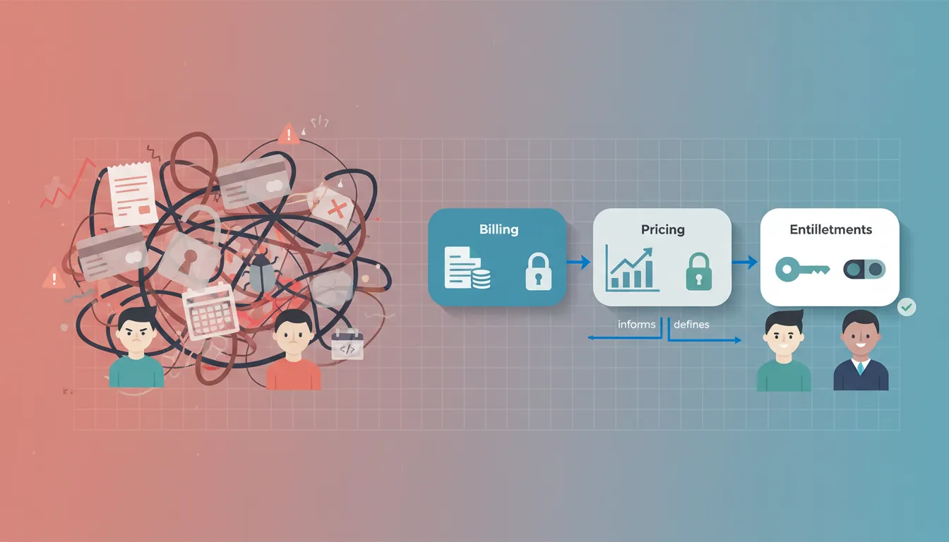 Illustration contrasting a messy mixed-up system of invoices, price tags, locks and error icons with a clean diagram of three labeled layers — Billing, Pricing, Entitlements — showing arrows from Billing and Pricing into Entitlements.