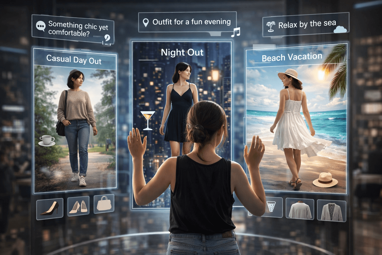 Woman using AI virtual try-on technology to explore outfits across different occasions on interactive digital screens