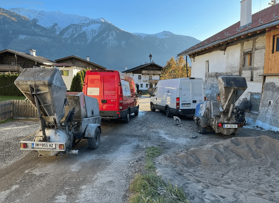 Eine Baustelle mit Betonmischern, Lastwagen und einem kleinen Sandhaufen, umgeben von Gebäuden und Bergen.
