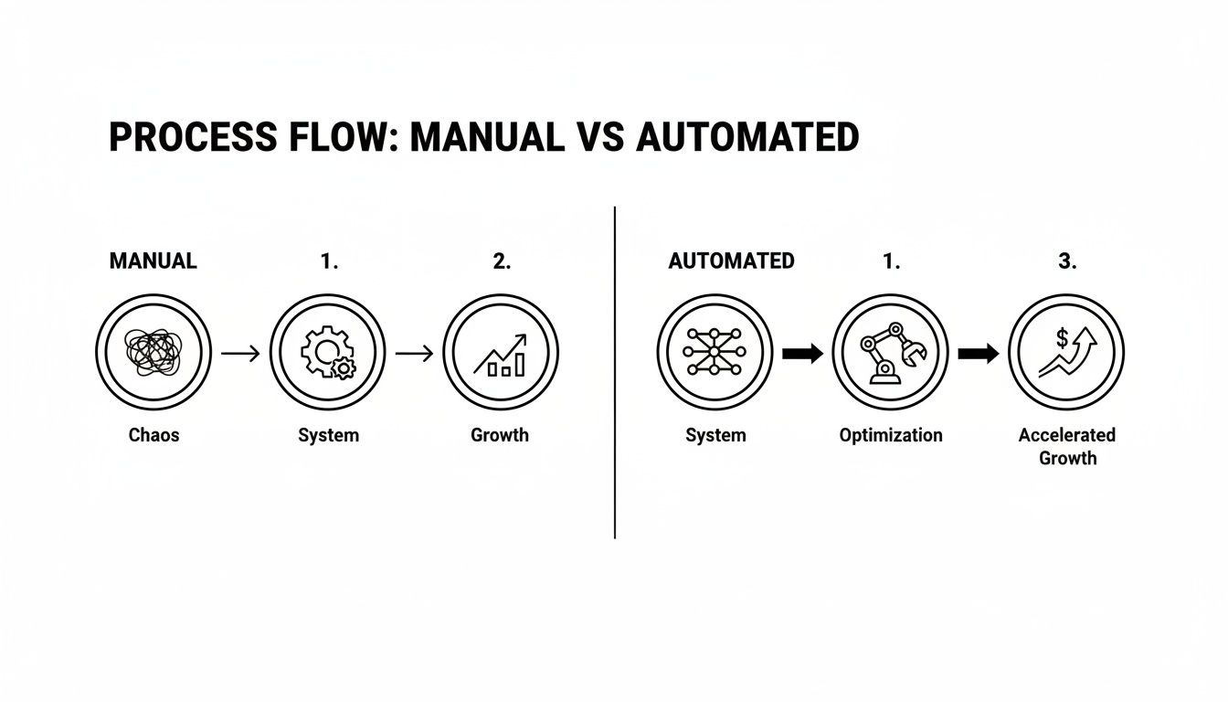 A diagram comparing manual and automated process flows, showing steps from chaos to accelerated growth.