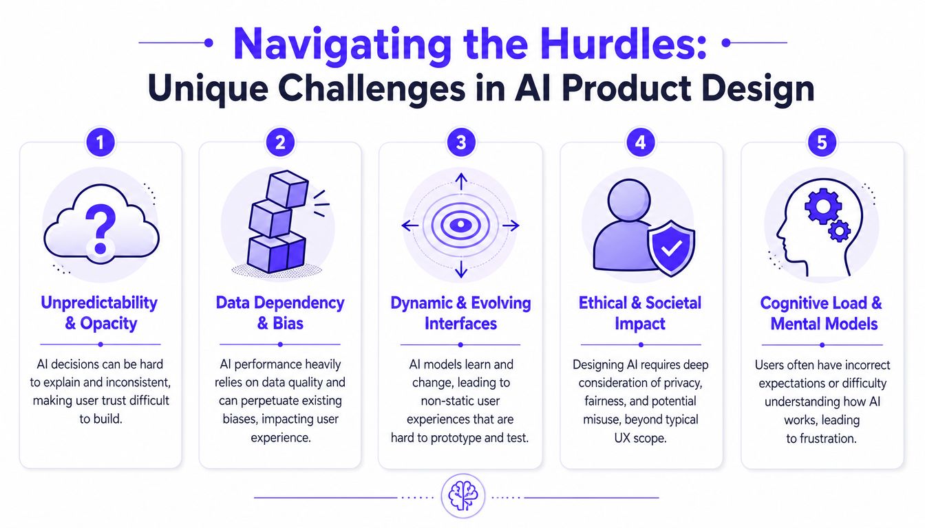 A five-point infographic titled Navigating the Hurdles: Unique Challenges in AI Product Design.
